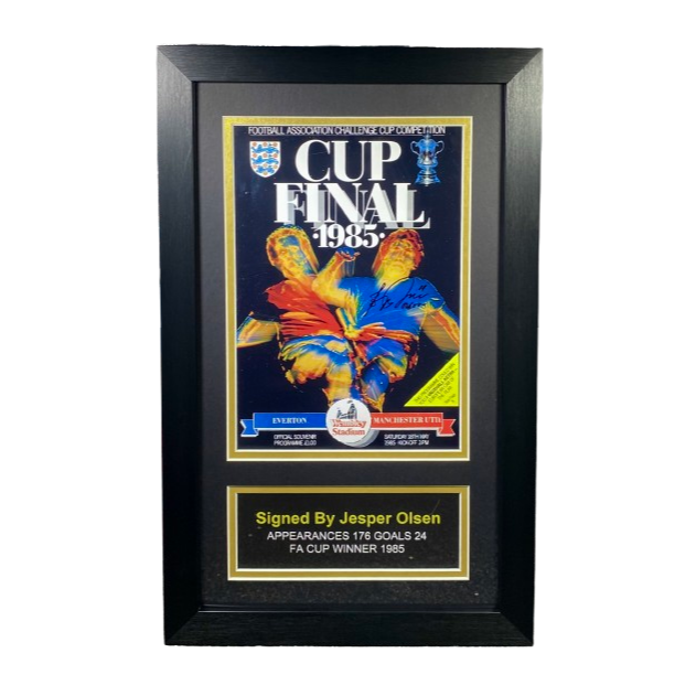 Jesper Olsen Signed Framed 1985 FA Cup Final Programme Cover