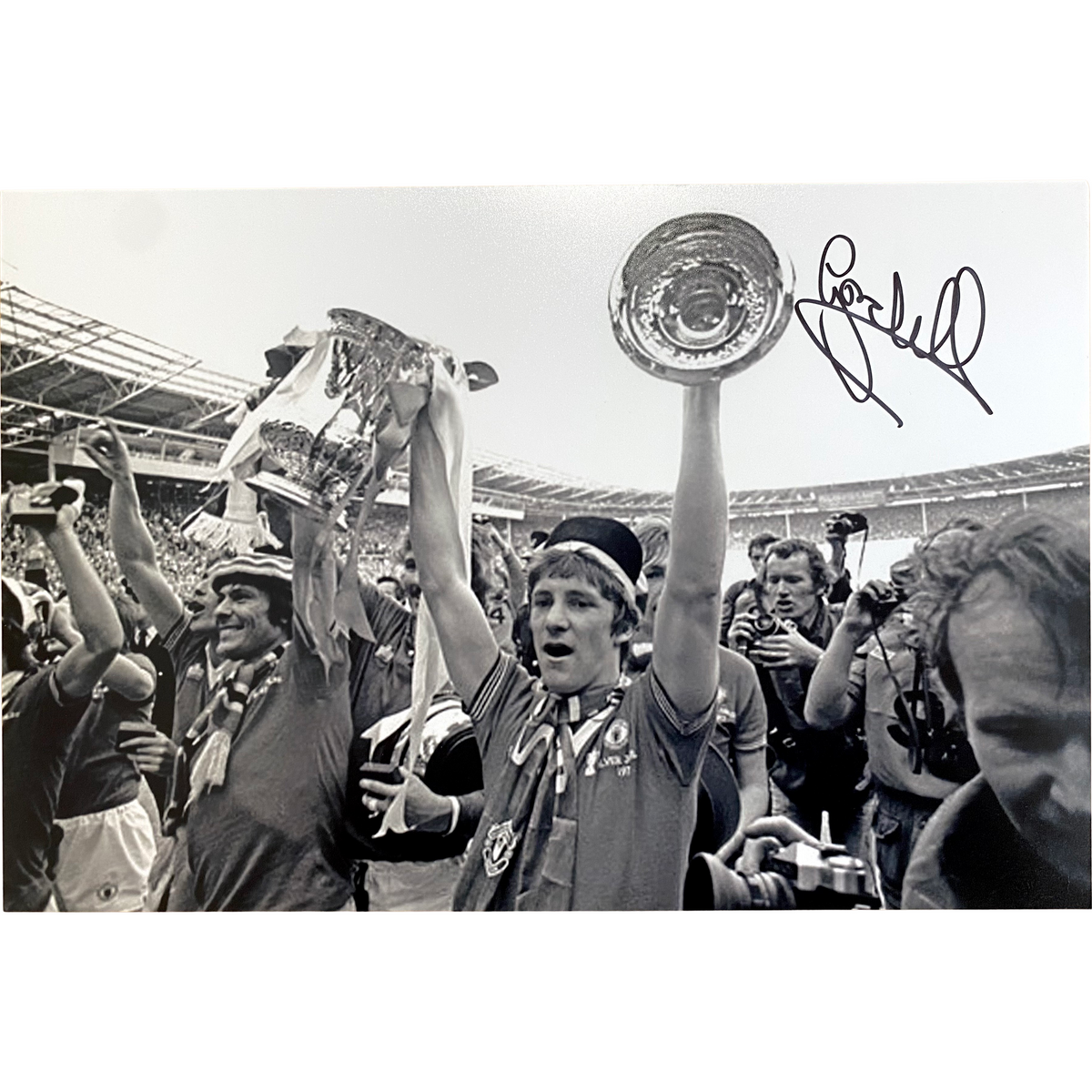 Gordon Hill Signed 1977 FA Cup Final Trophy Photo Print (Black & White) (M)
