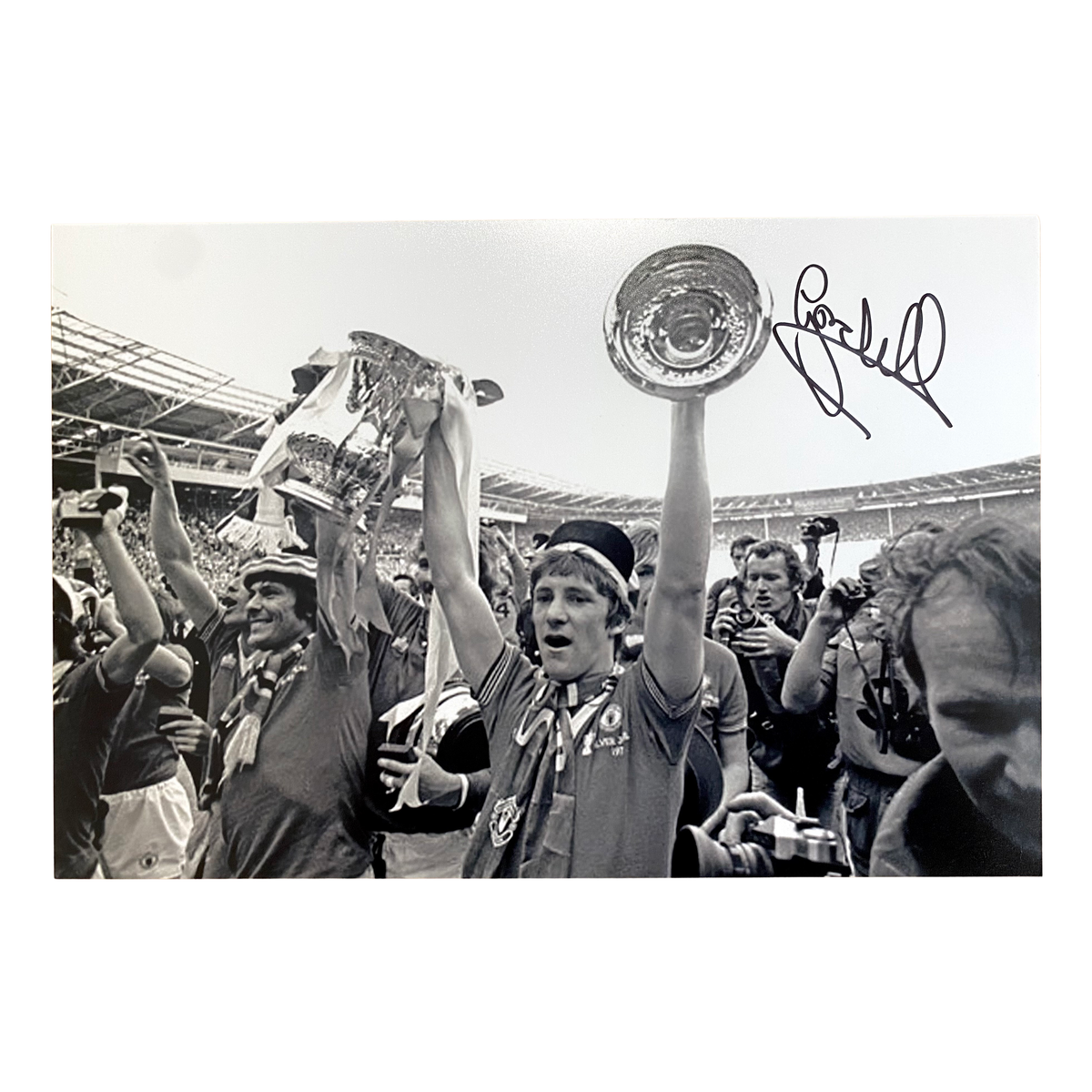 Gordon Hill Signed 1977 FA Cup Final Trophy Photo Print (Black & White)