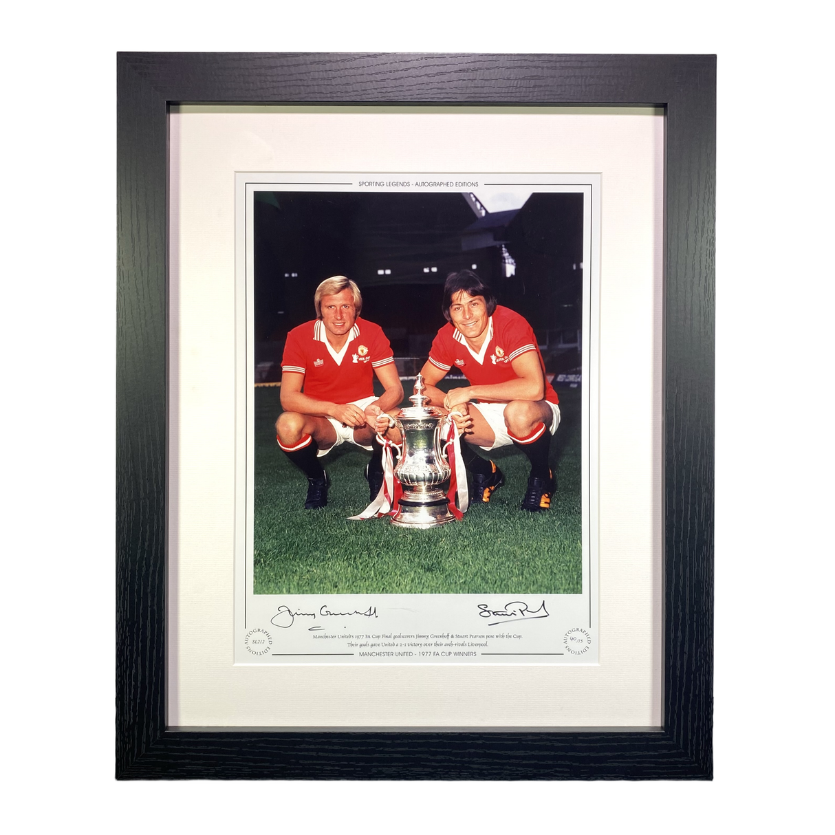 Jimmy Greenhoff & Stuart Pearson Signed 1977 FA Cup Winner Framed Photo Print (Frame L)