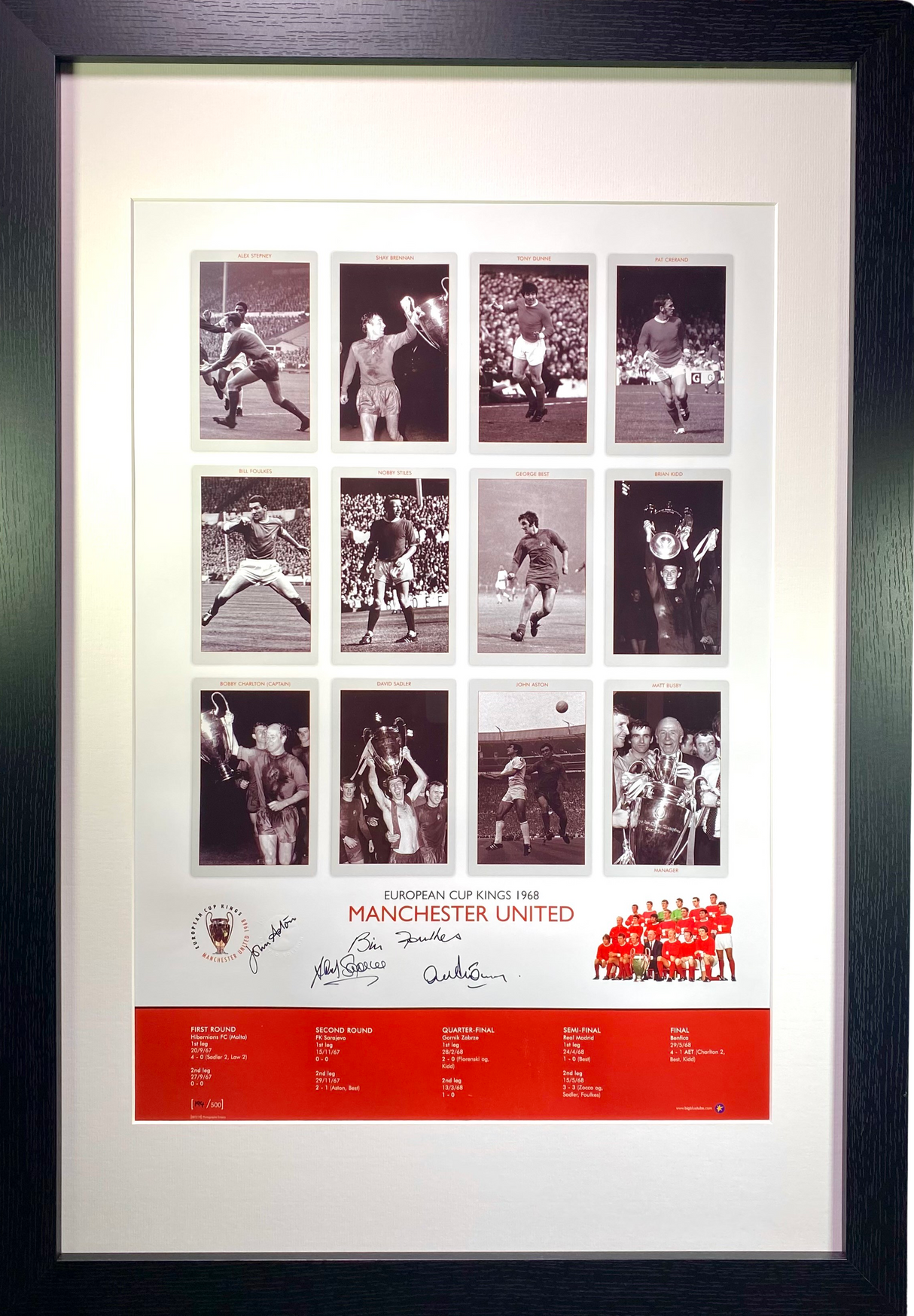 "European Cup Kings 1968" Framed Print 4X Signed by John Aston, David Sadler, Bill Foulkes & Alex Stepney (XL)