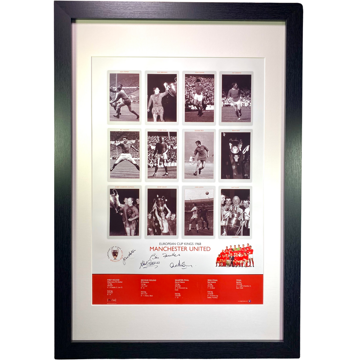 "European Cup Kings 1968" Framed Print 4X Signed by John Aston, David Sadler, Bill Foulkes & Alex Stepney (XL)