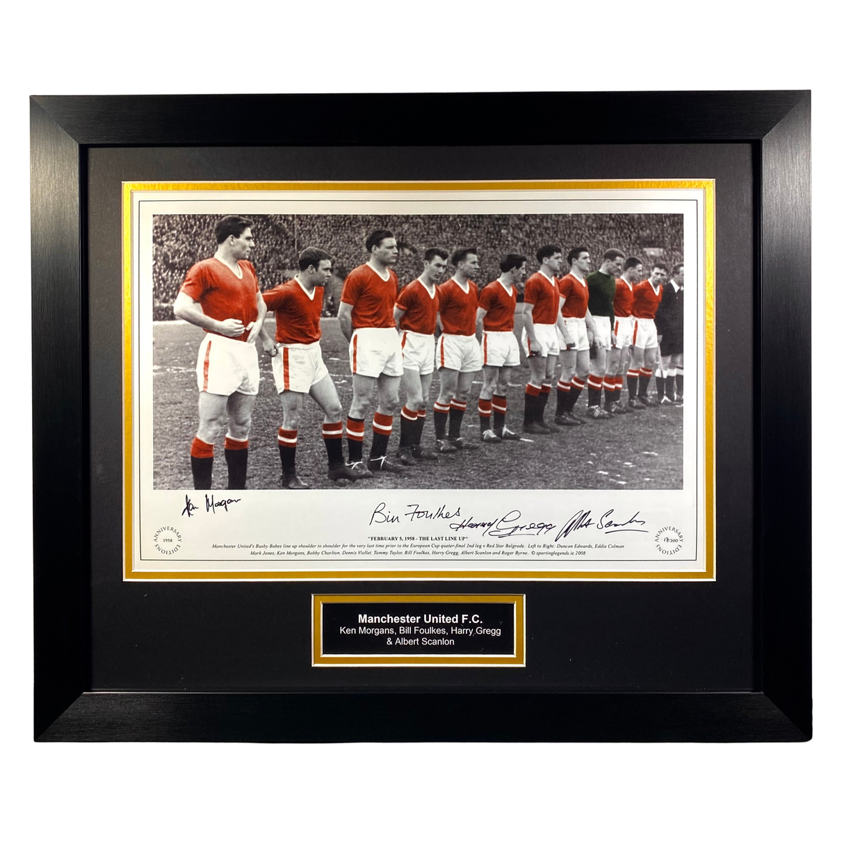 Man United 1958 Last Line Up Photo Signed by Kenny Morgans, Bill Foulkes, Harry Gregg and Albert Scanlon (L)