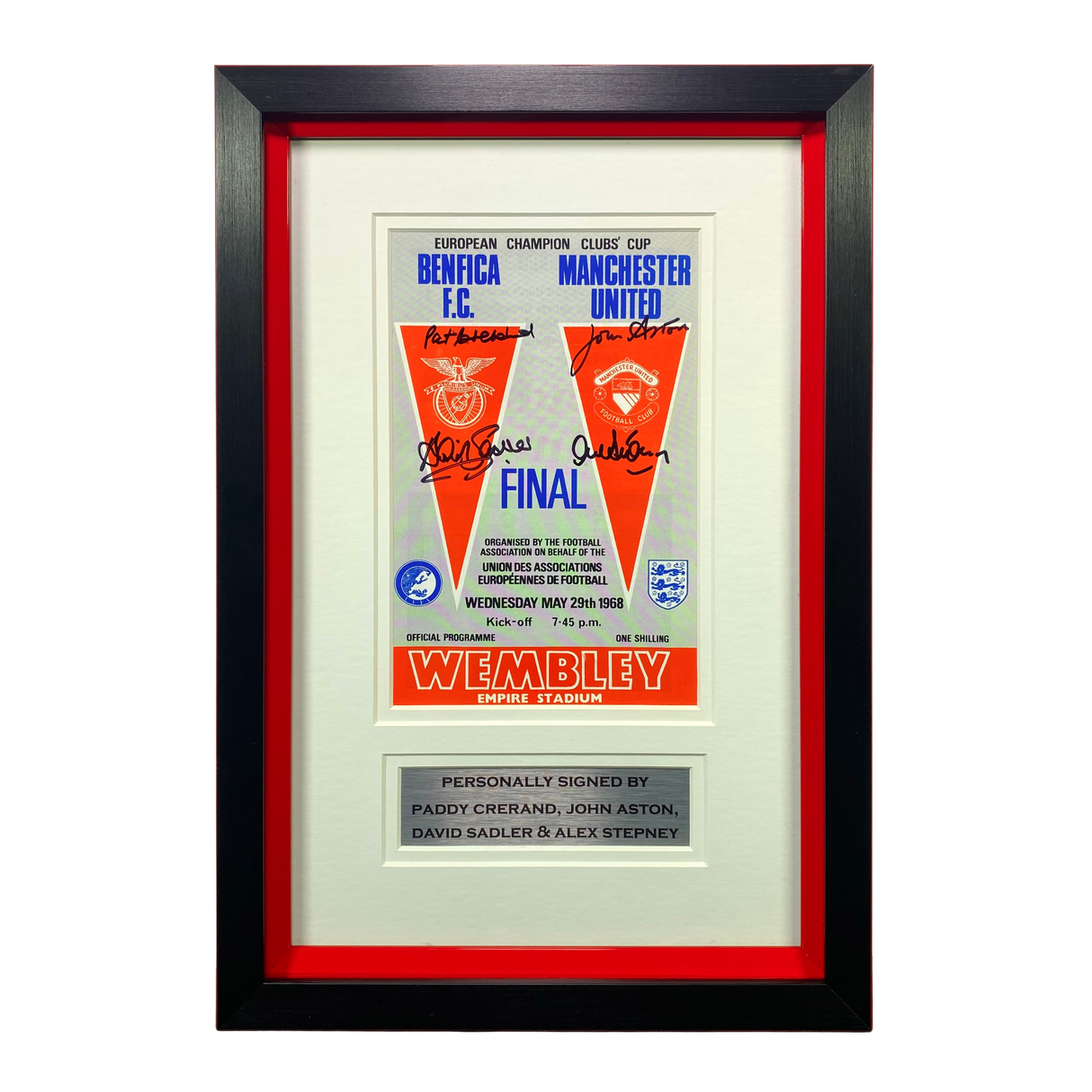 Framed 1968 European Cup Final Programme Signed by Alex Stepney, David Sadler, Paddy Crerand & John Aston
