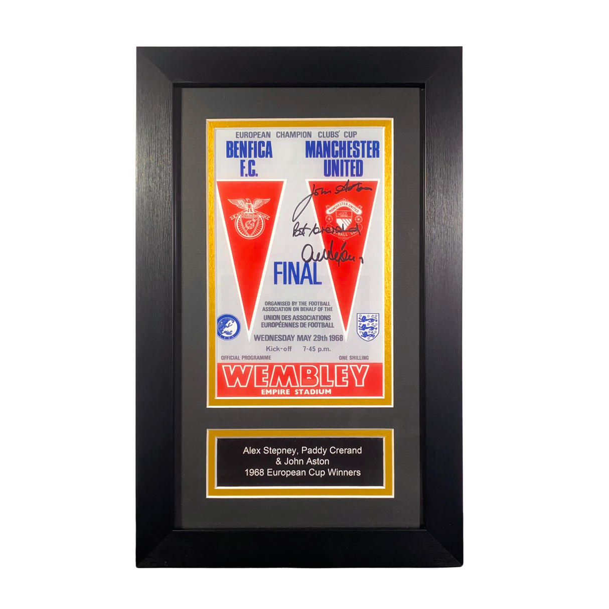 Framed 1968 European Cup Final Programme Print Signed by John Aston, Paddy Crerand & Alex Stepney (M)