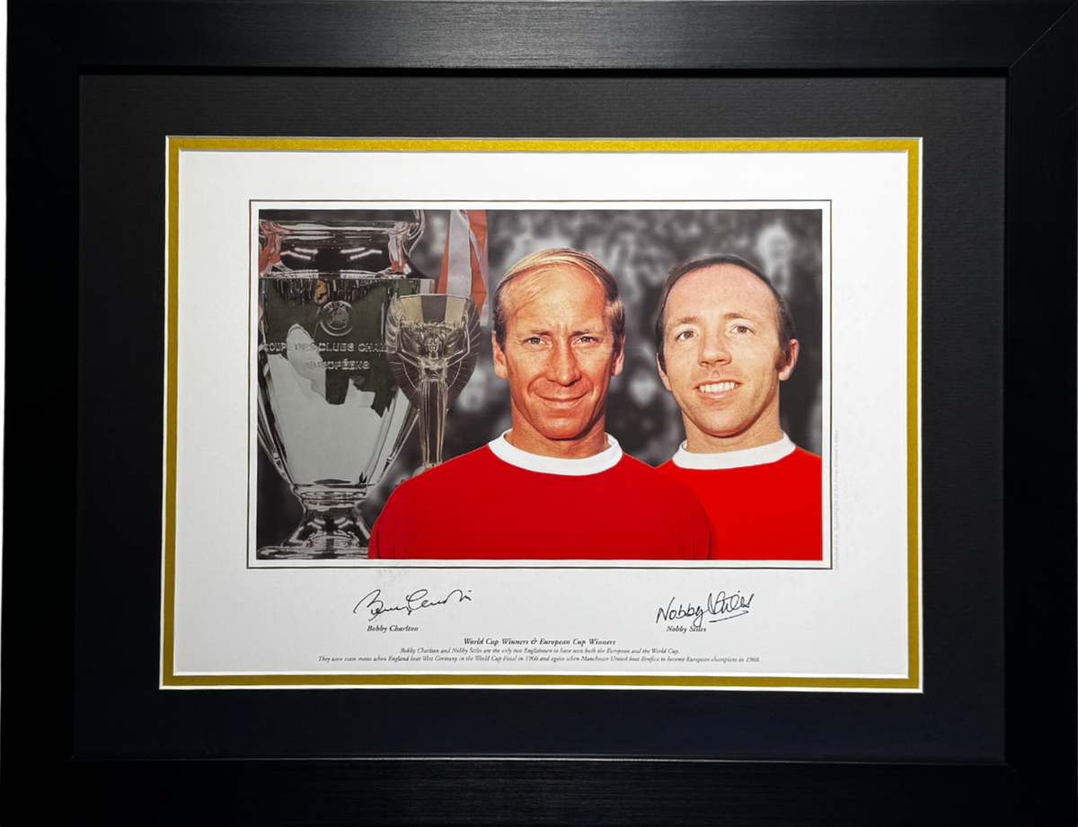 Sir Bobby Charlton & Nobby Stiles Signed "United Legends" Framed Photo Print (Frame M)