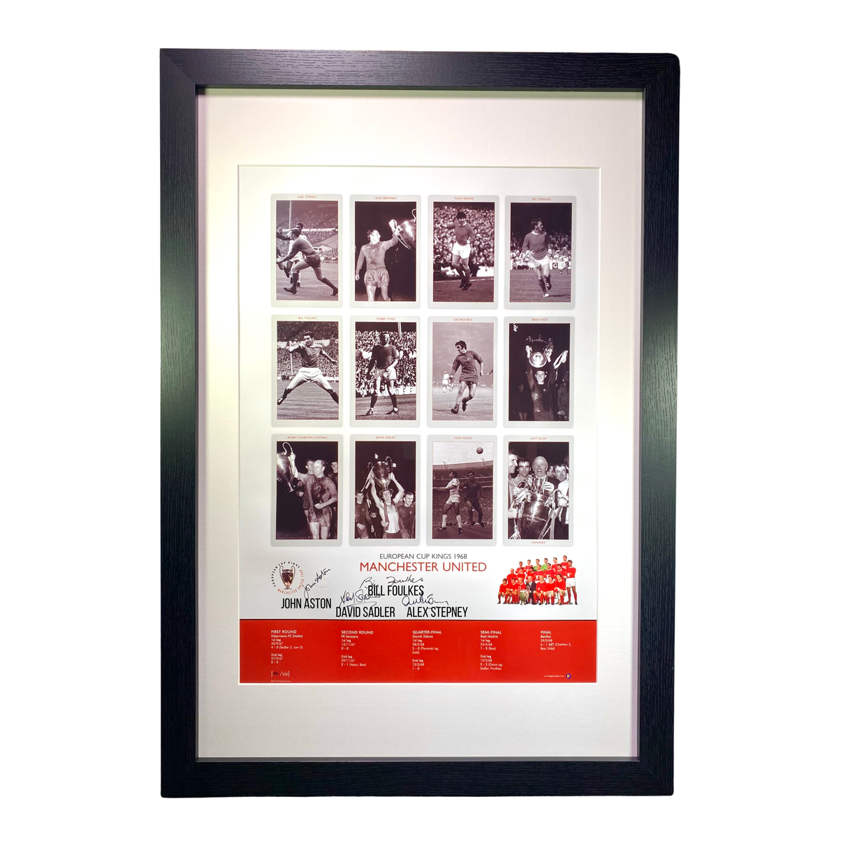 "European Cup Kings 1968" Framed Print Signed by Aston, Sadler, Foulkes & Stepney (Frame XL)