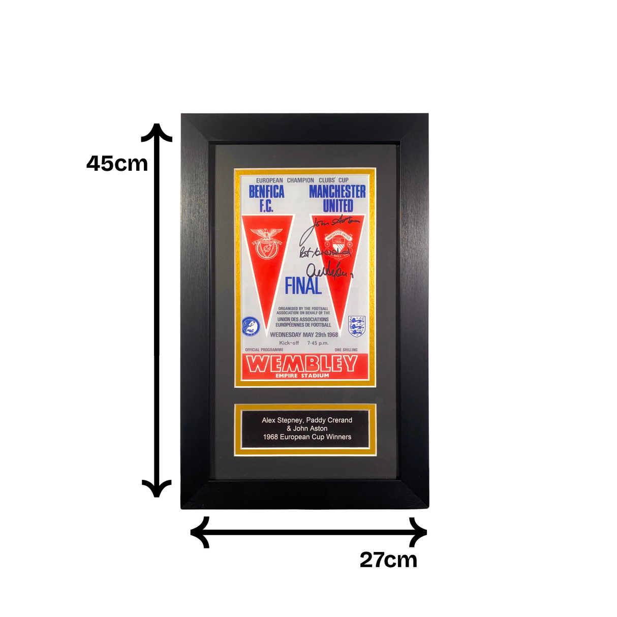Framed 1968 European Cup Final Programme Print Signed by John Aston, Paddy Crerand & Alex Stepney (M)