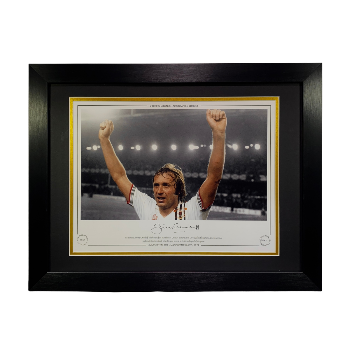 Jimmy Greenhoff Signed and Framed 1979 FA Cup Semi-Final Celebration Print (Black & White) (Frame L)