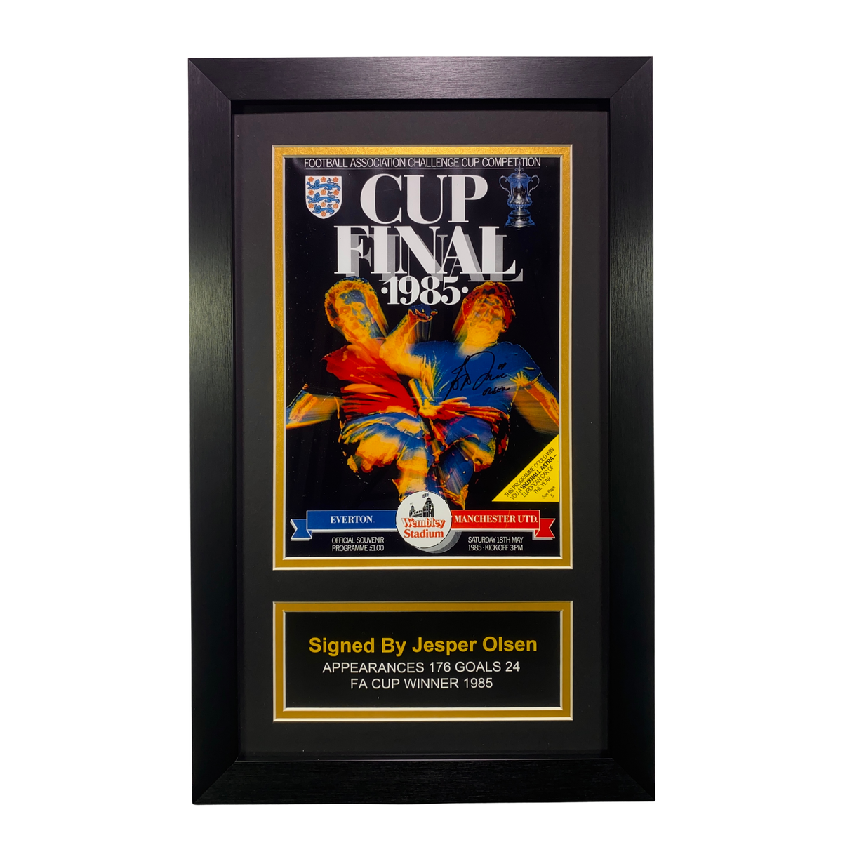 Jesper Olsen Signed Framed 1985 FA Cup Final Programme Print (Frame M)