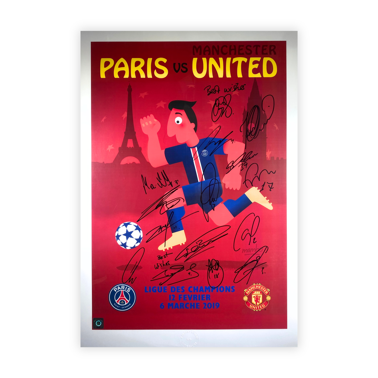 PSG vs Utd - Match Poster signed by 16 Framed Print