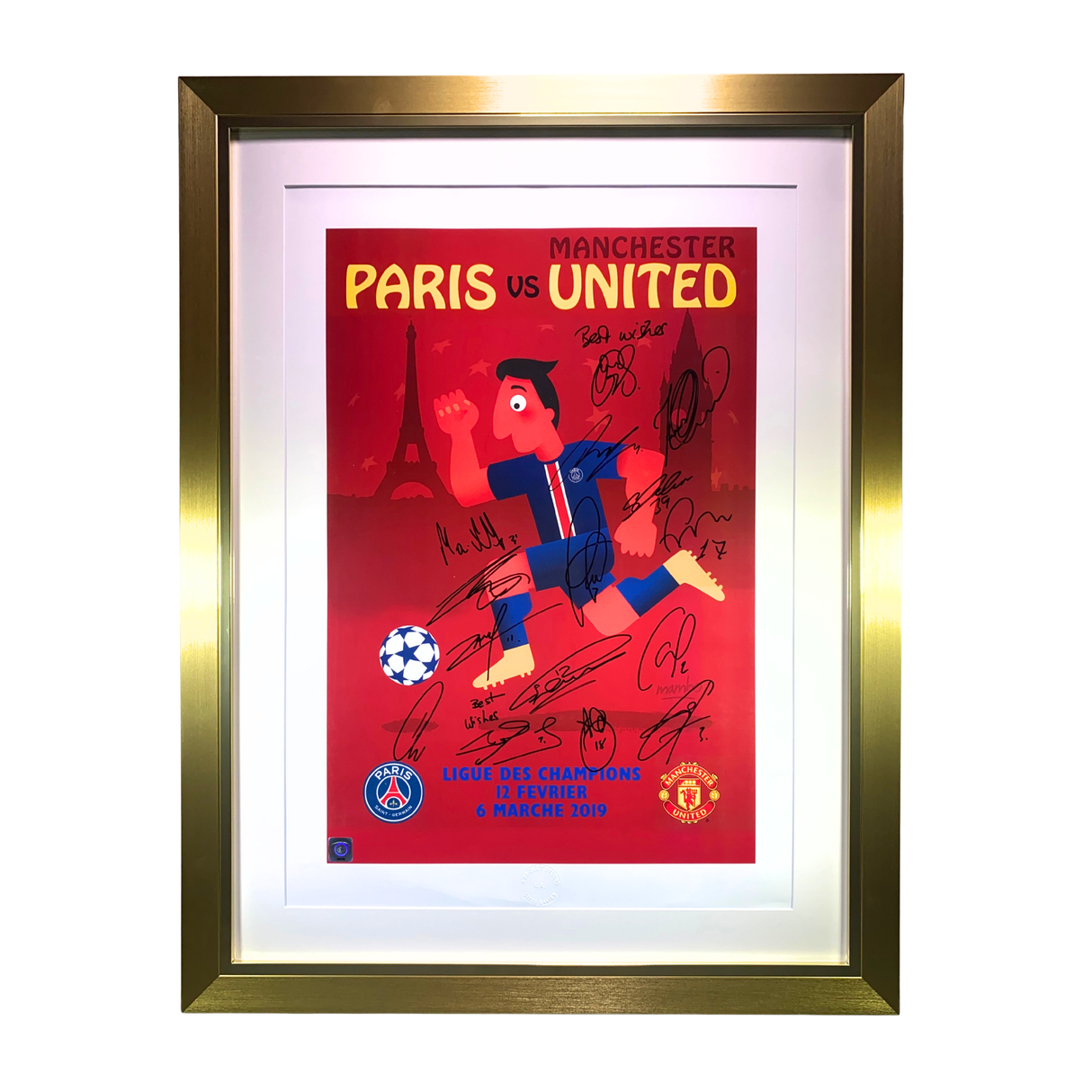 PSG vs Utd - Match Poster signed by 16 Framed Print