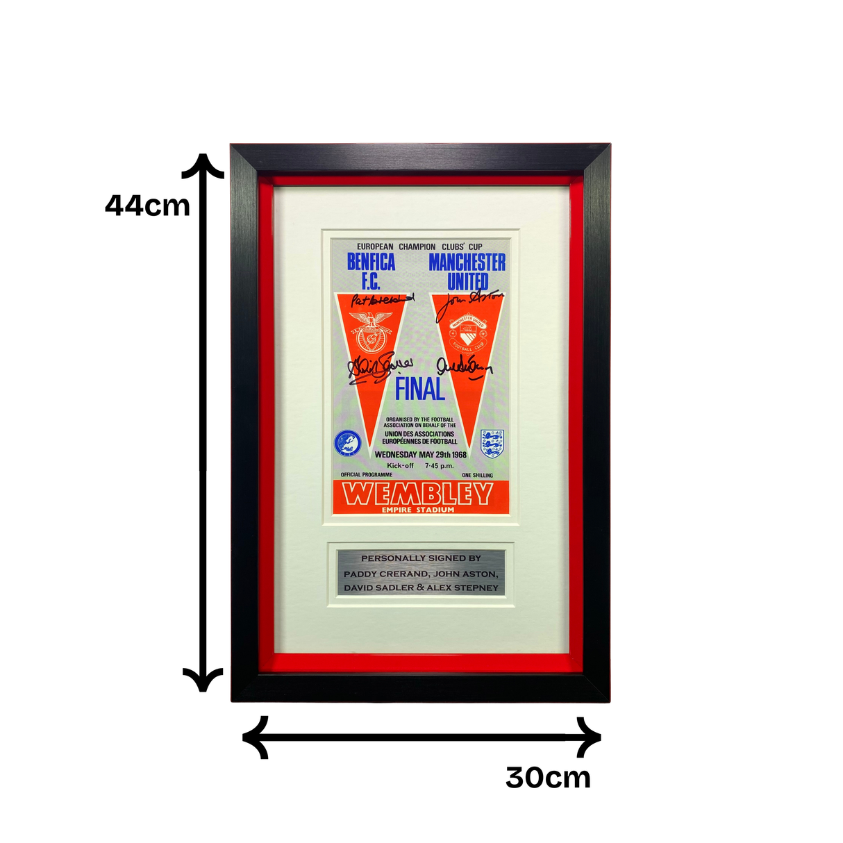 Premium framed 1968 European Cup Final Programme 4X Signed by Alex Stepney, David Sadler, Paddy Crerand & John Aston