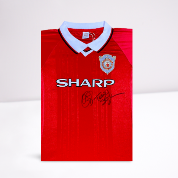 1999 Champions League Final shirt signed by the goalscorers Sheringham & Solskjaer