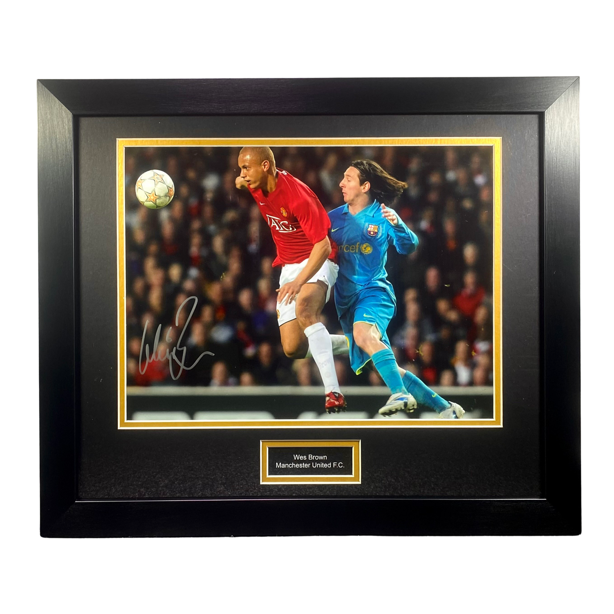 Wes Brown signed photo - 2008 UCL Semi-Final v Barcelona (Messi in pocket) (L)