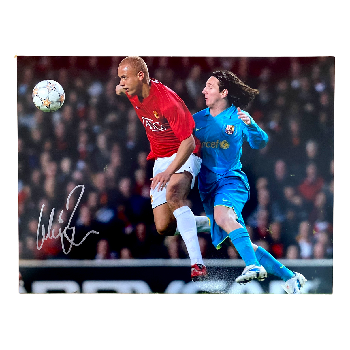 Wes Brown signed photo - 2008 UCL Semi-Final v Barcelona (Messi in pocket) (L)