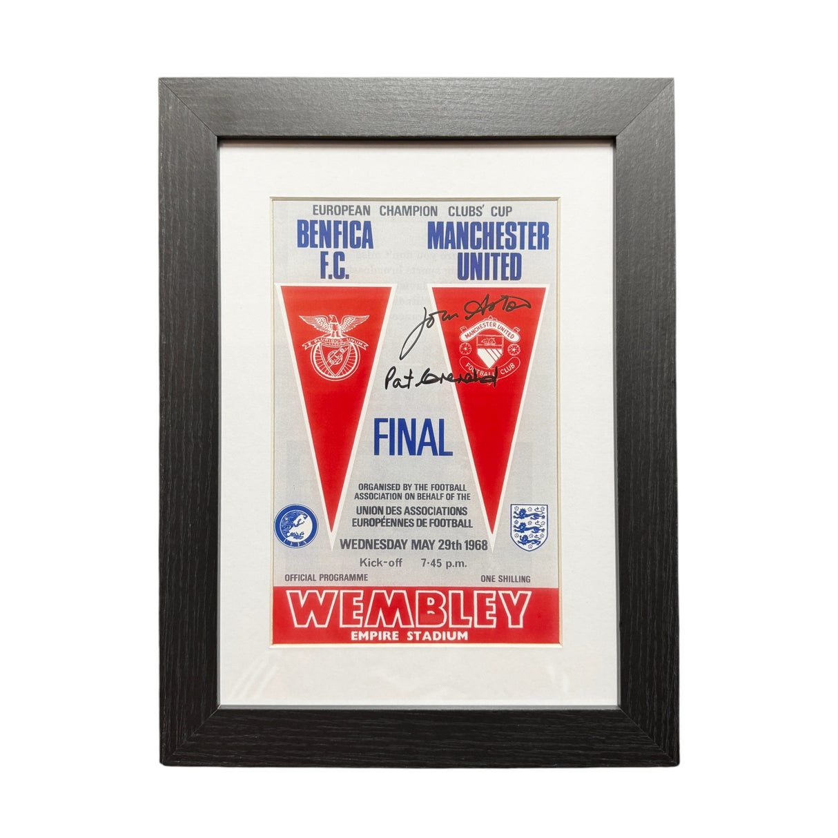 Framed 1968 European Cup Final Programme Cover Signed by John Aston & Paddy Crerand (M)