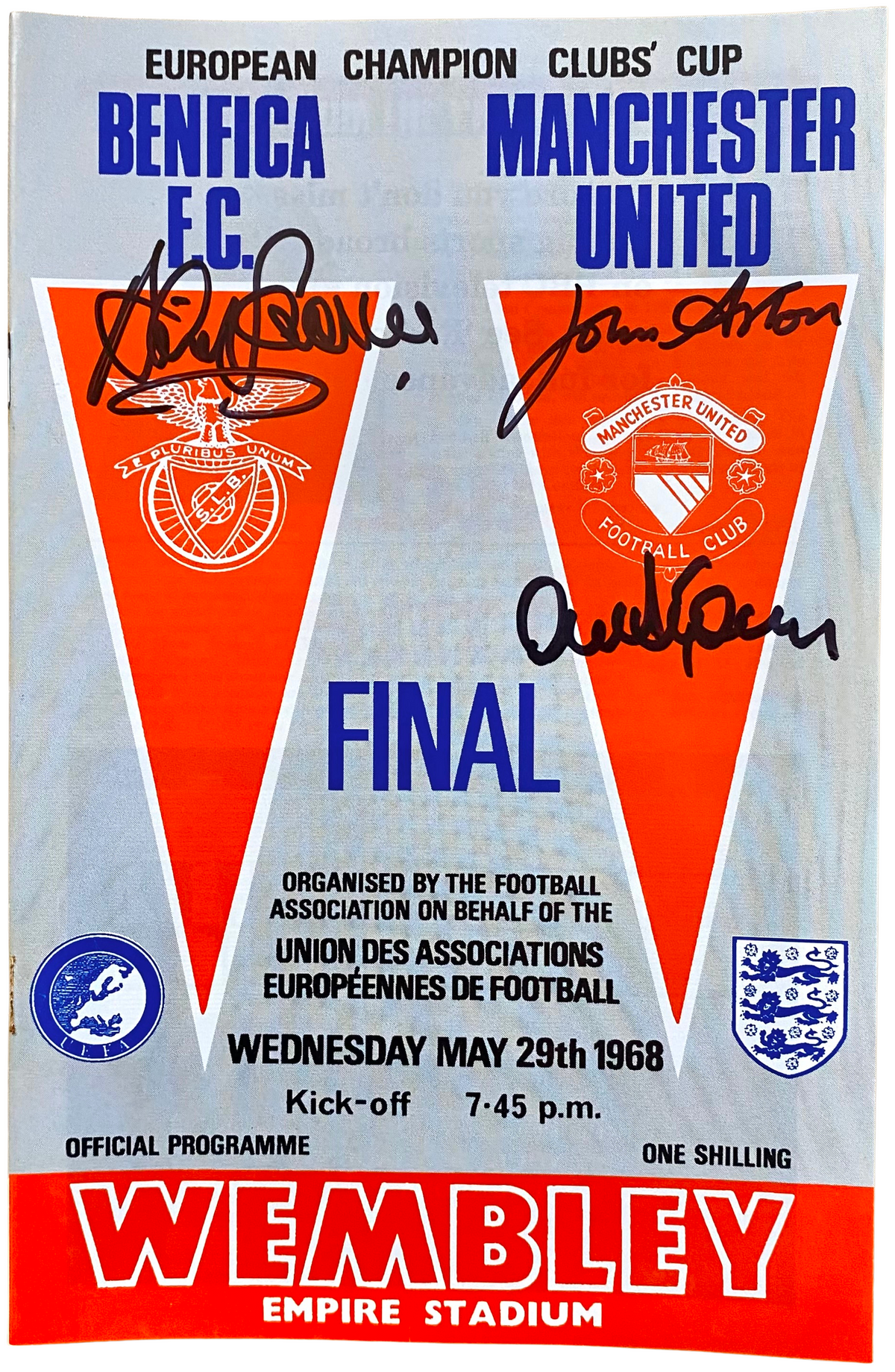 1968 European Cup Final Programme 3X Signed by Alex Stepney, David Sadler & John Aston (S)