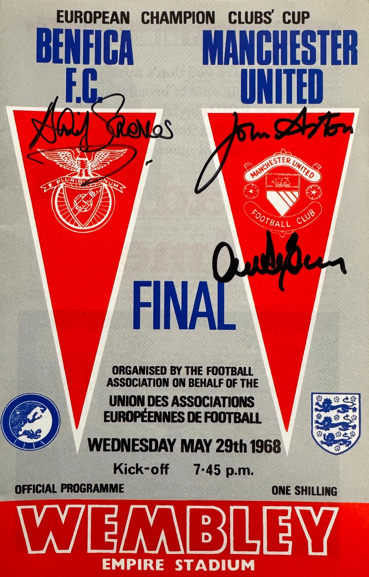 1968 European Cup Final Programme 3X Signed by Alex Stepney, David Sadler & John Aston