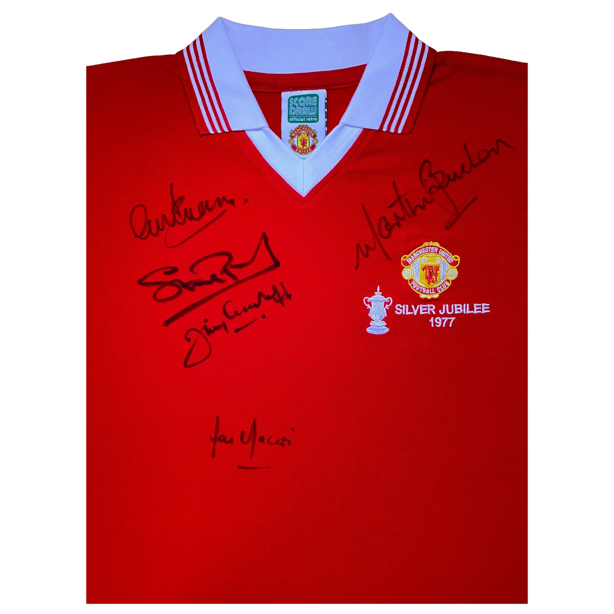 1977 FA Cup Final Shirt Signed by Stepney, Pearson, Greenhoff, Macari and Buchan