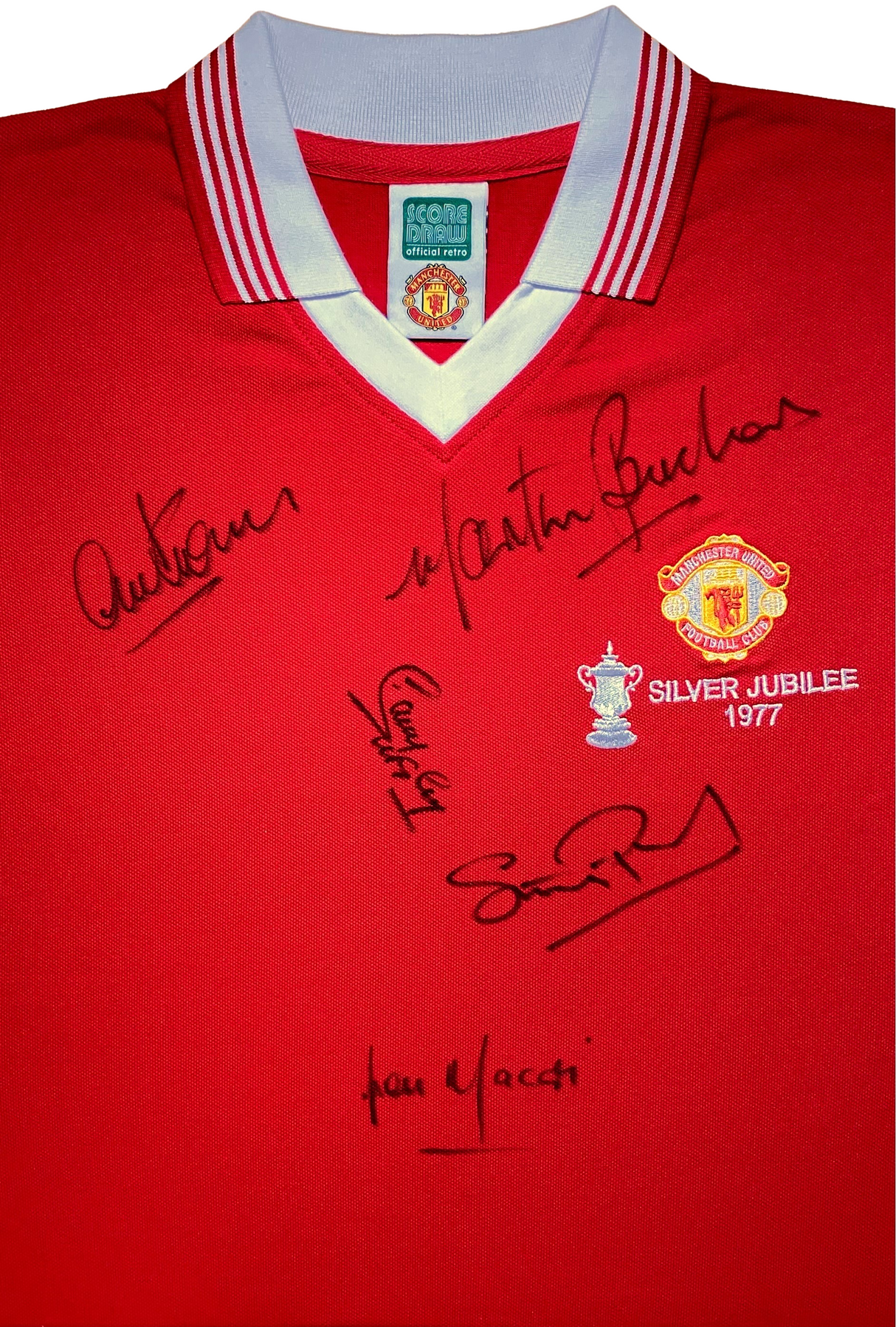 1977 FA Cup Final Shirt 5X Signed by Stepney, McIlroy, Pearson, Macari and Buchan