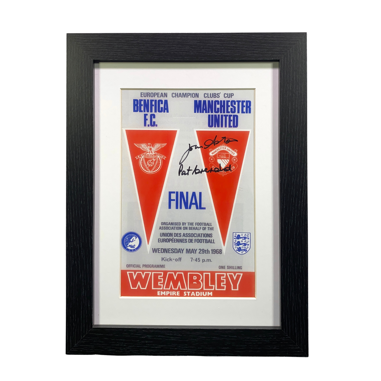 Framed 1968 European Cup Final Programme Cover Signed by John Aston & Paddy Crerand (M)