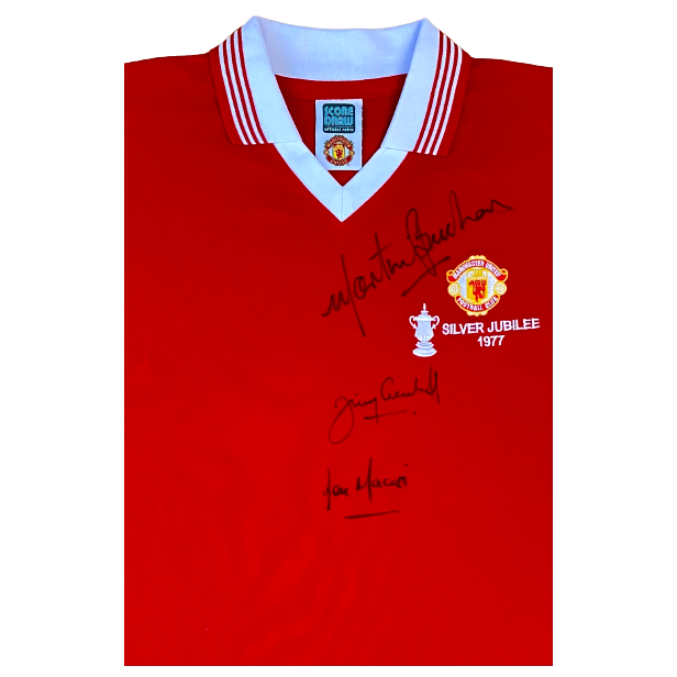 Jimmy Greenhoff, Lou Macari & Martin Buchan 1977 FA Cup Final Signed Shirt