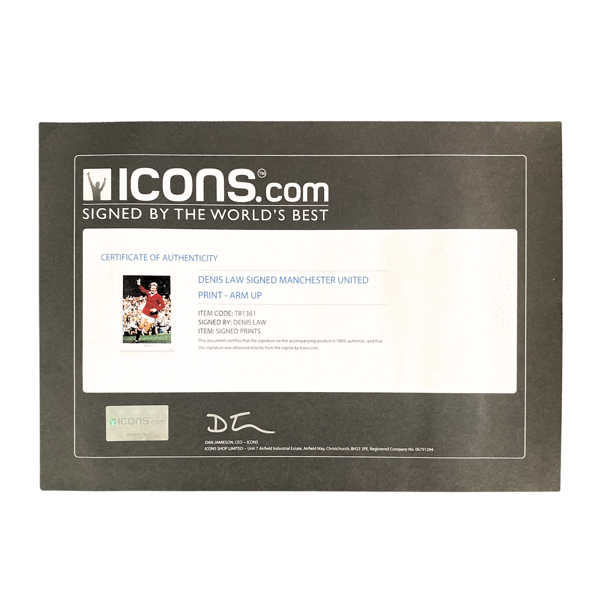 Denis Law Signed Manchester United Photo with Arm Up (XL)