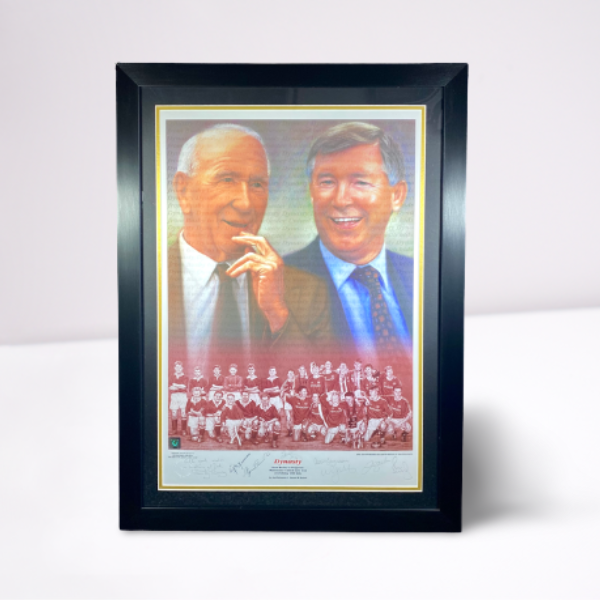 Dynasty' Print Signed by Sandy Busby, McGuinness, Charlton, Beckham, Scholes, Butt & Sir Alex Ferguson