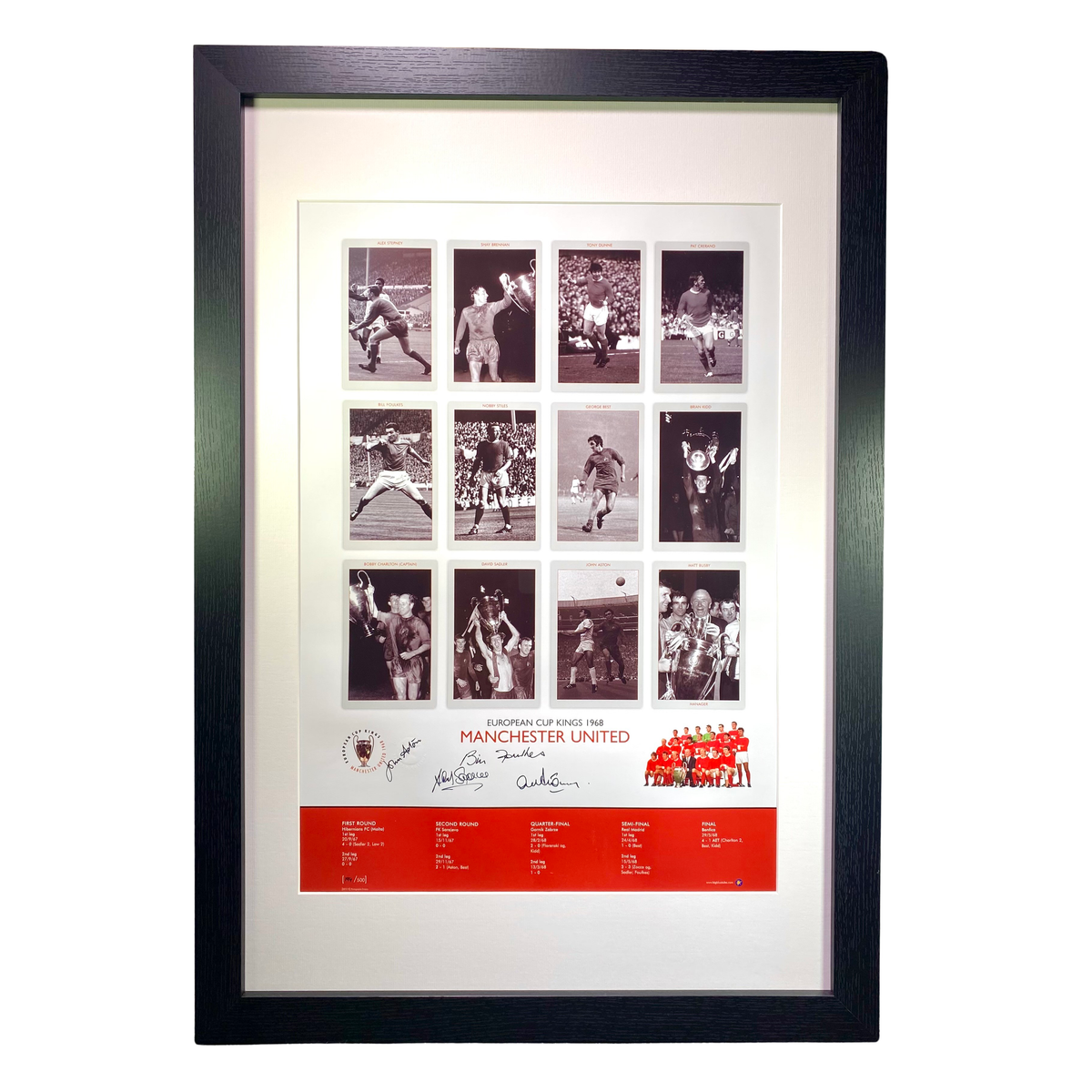"European Cup Kings 1968" Framed Print 4X Signed by Aston, Sadler, Foulkes & Stepney
