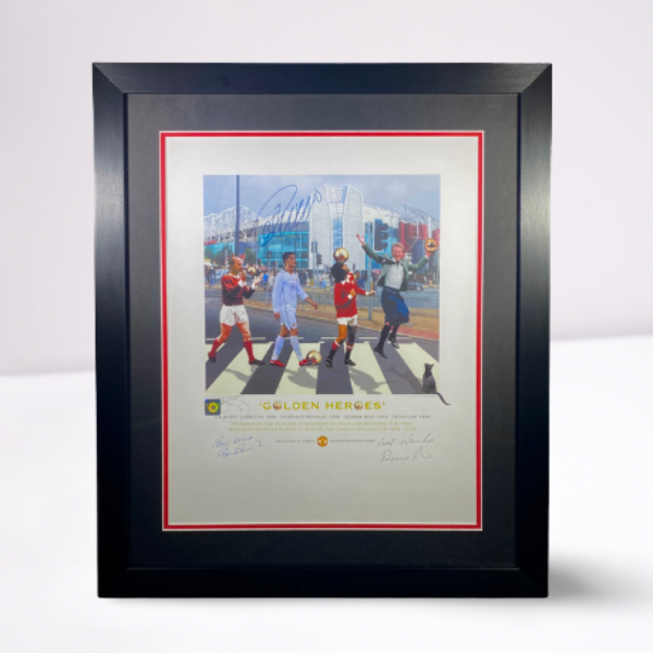 Golden Heroes' Print Signed by Sir Bobby Charlton Denis Law & Cristiano Ronaldo