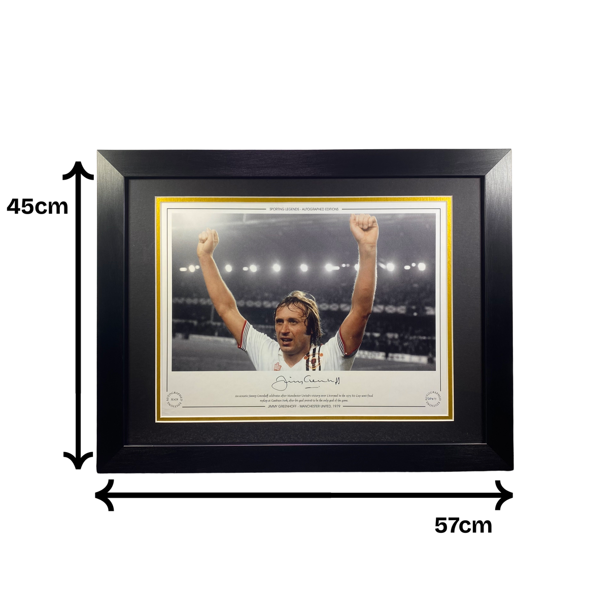 Jimmy Greenhoff Signed and Framed 1979 FA Cup Semi-Final Celebration Print (Black & White) (Frame L)