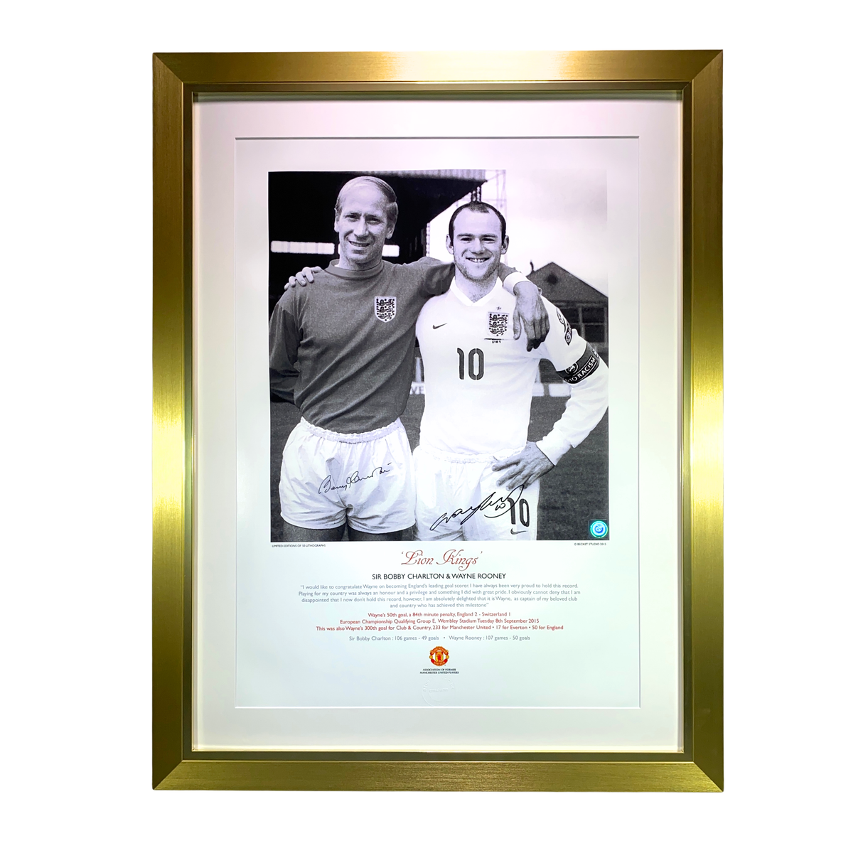"Lion Kings" Framed Print Signed by Sir Bobby Charlton and Wayne Rooney (XL)
