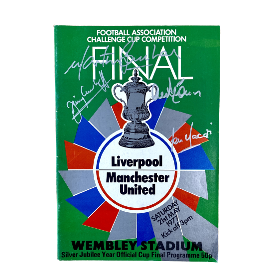1977 FA Cup Final Programme signed by Alex Stepney, Jimmy Greenhoff, Lou Macari & Martin Buchan