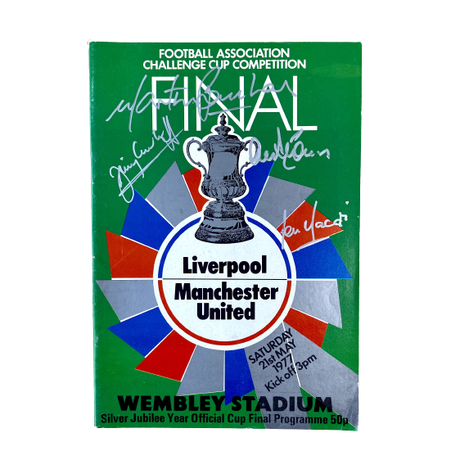 1977 FA Cup Final Programme signed by Alex Stepney, Jimmy Greenhoff, Lou Macari & Martin Buchan