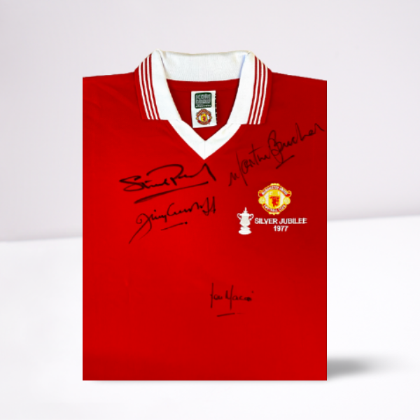 1977 FA Cup Final shirt signed by Stuart Pearson, Jimmy Greenhoff, Lou Macari & Martin Buchan