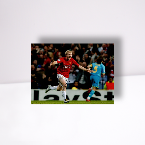 Paul Scholes Hand Signed Classic Photo Print - Barca Goal Celebration Arms Outstretched