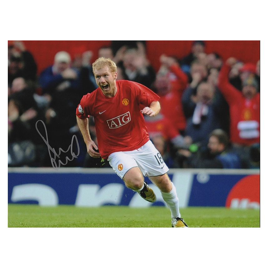 Paul Scholes Hand Signed Classic Photo Print - Barca Goal Celebration Running 2008
