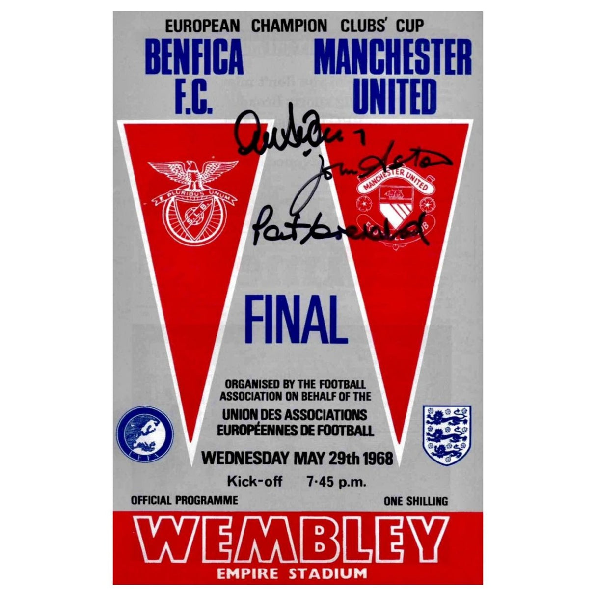 Signed 1968 European Cup Final Programme by Alex Stepney, John Aston & Paddy Crerand