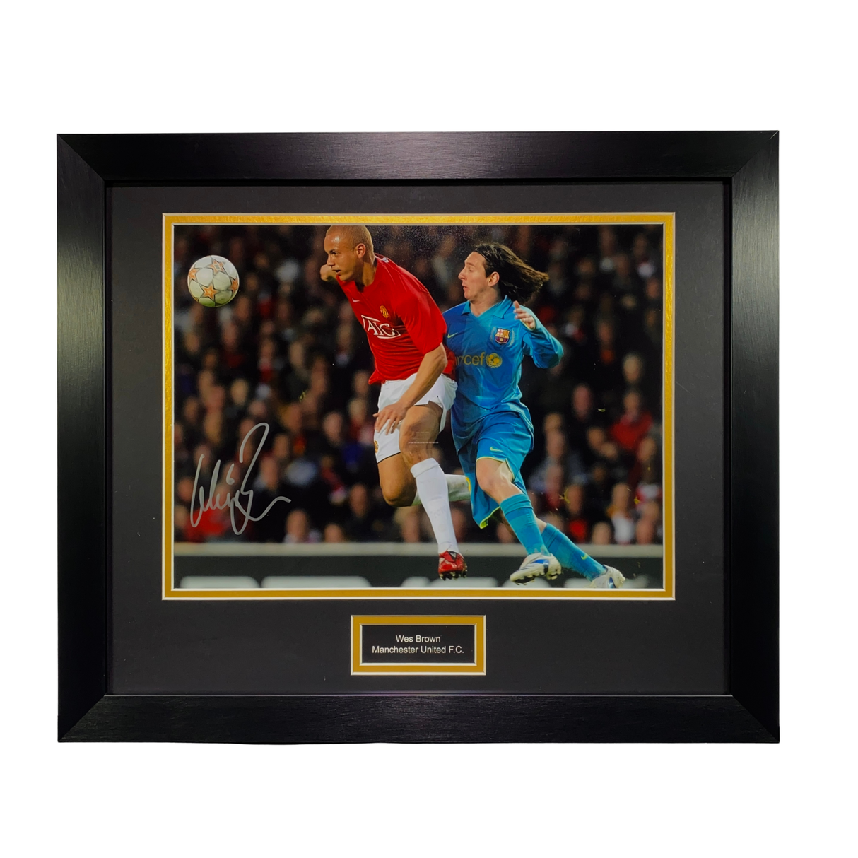 Wes Brown Signed Photo - 2008 UCL Semi-Final v Barcelona (Messi in Pocket) (L)