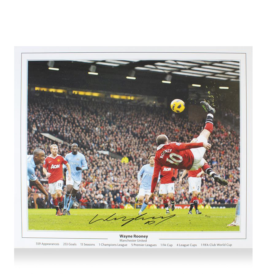 Wayne Rooney Signed Large Photo - Overhead Kick vs Manchester City (Stats Version)
